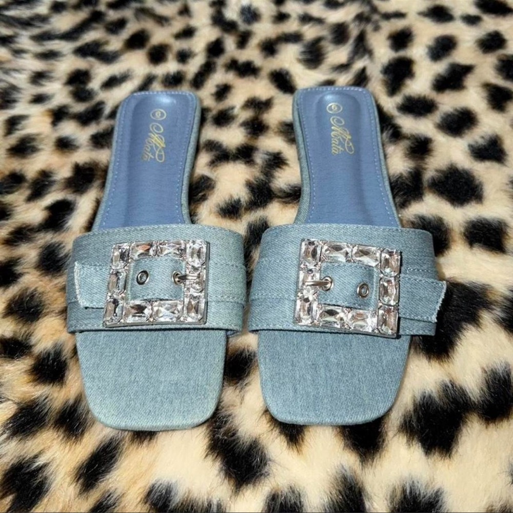 Denim Slide Sandals with Crystal Buckle